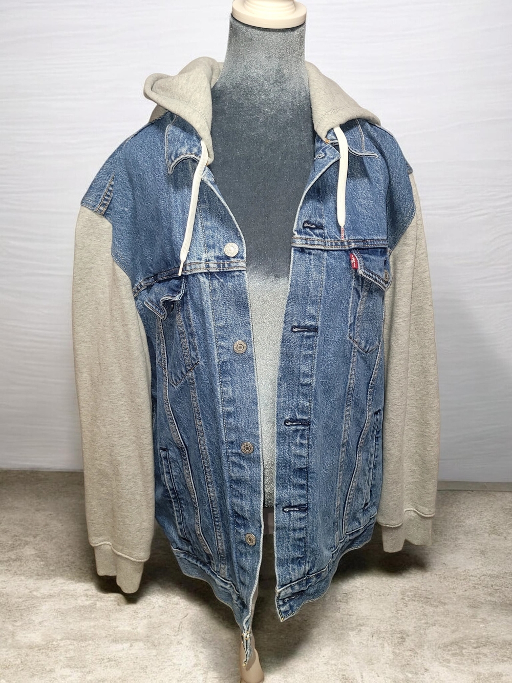 Levi's Blue Denim Jacket with Light Gray Hooded Sweatshirt Sleeves